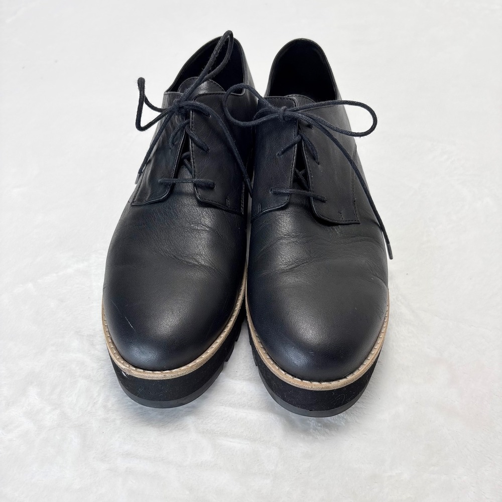 Eileen Fisher Eddy Black Leather Platform Oxford Shoes 11 Dark Academia Chunky - Picture 2 of 10